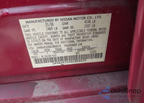 2006 Nissan Maxima 3.5 Sl z USA, uszkodzony, nr VIN 1N4BA41E66C866029